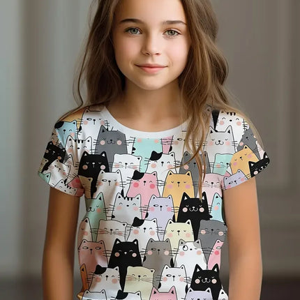 Детски дрехи Детска тениска с къс ръкав за момичета с анимационна котка Kawaii за момичета Летни дрехи Детска тениска Детско облекло