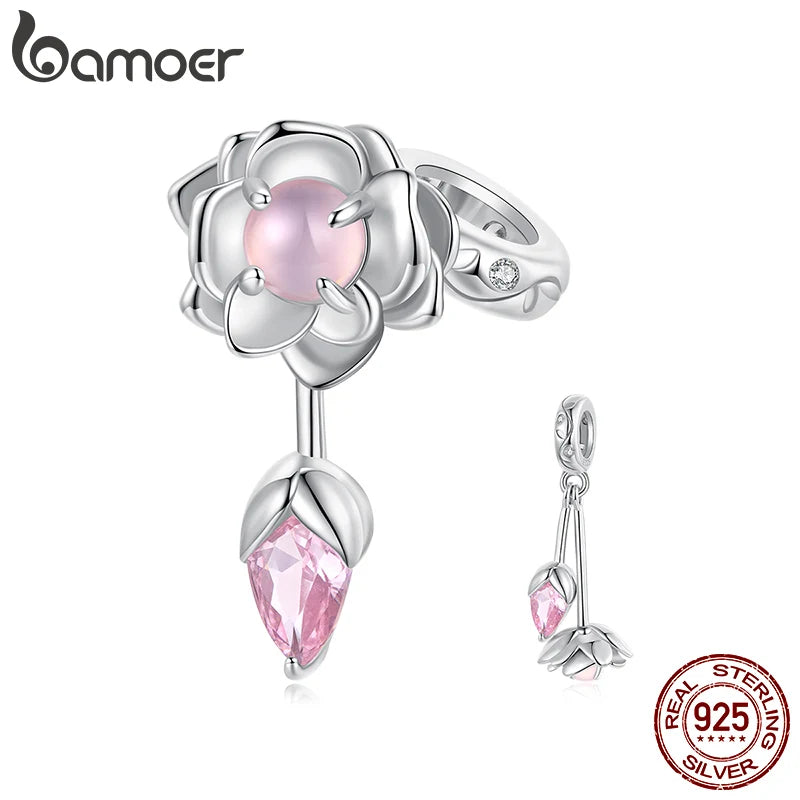 Bamoer 925 Стерлингово Сребро Подвижна Висулка с Цвете Овални Розови Мъниста за Жени Тийнейджъри Направи си сам Романтични Пролетни Бижута Подарък