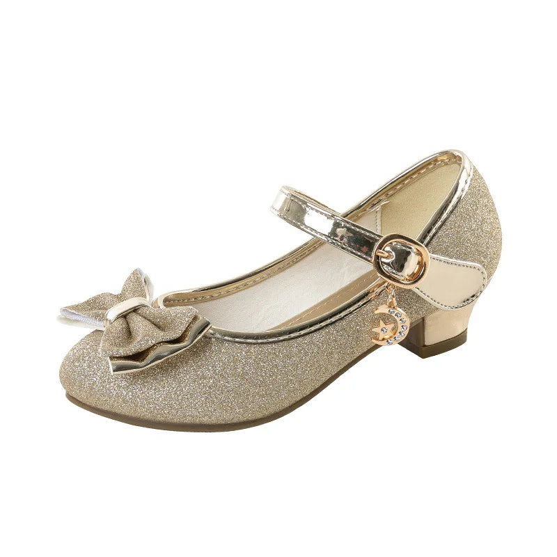 Момичешки сандали с кристали, пеперуда, латино танци, детски обувки с висок ток, принцесни обувки с блясък, кожени, парти, рокля, сватба