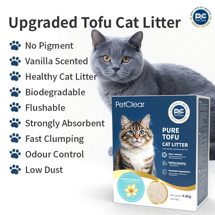 PetClear котешка тоалетна с тофу, натурална безпрахова, слепваща се котешка тоалетна, контрол на миризмата, за пускане в тоалетната, ванилия/без аромат, за чувствителни лапи