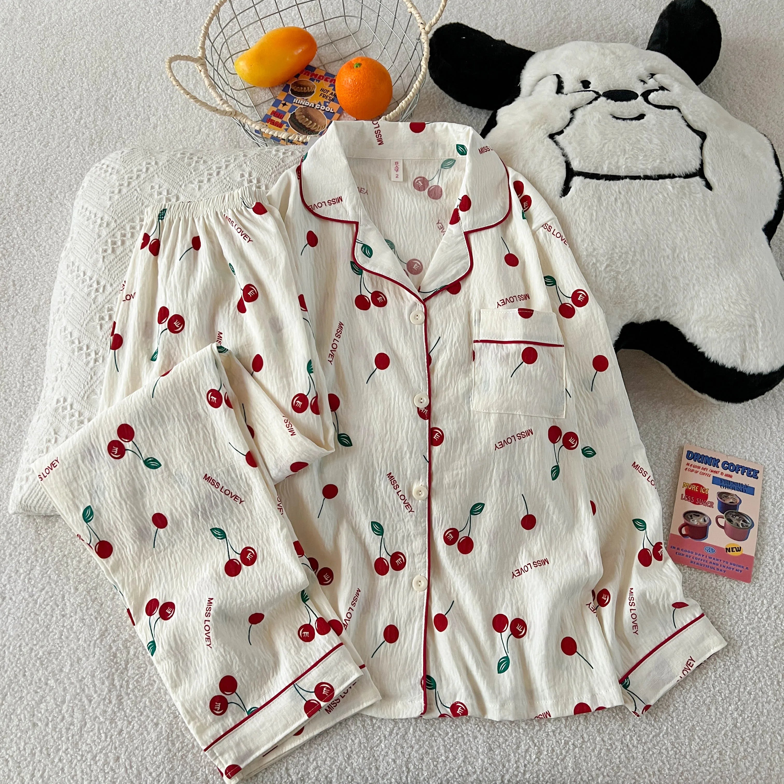 Дамски пижамен комплект с черешов принт, есенно-пролетен кариран принт, домашен комплект с дълъг ръкав, жилетка и панталон