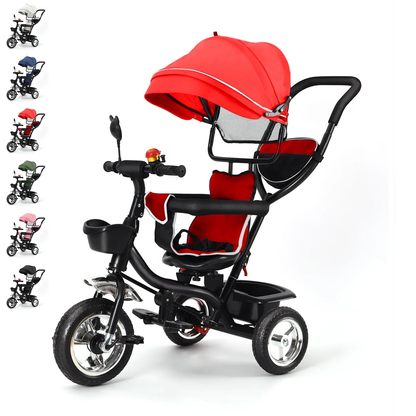 Мащабируема бебешка триколка от 1 до 5 години, велосипед за възрастни хора плюс деца, обръщаема седалка, голяма кошница и чанта, по-големи колела, с дръжка за притискане, зелено/розово/черно/червено/синьо/сиво