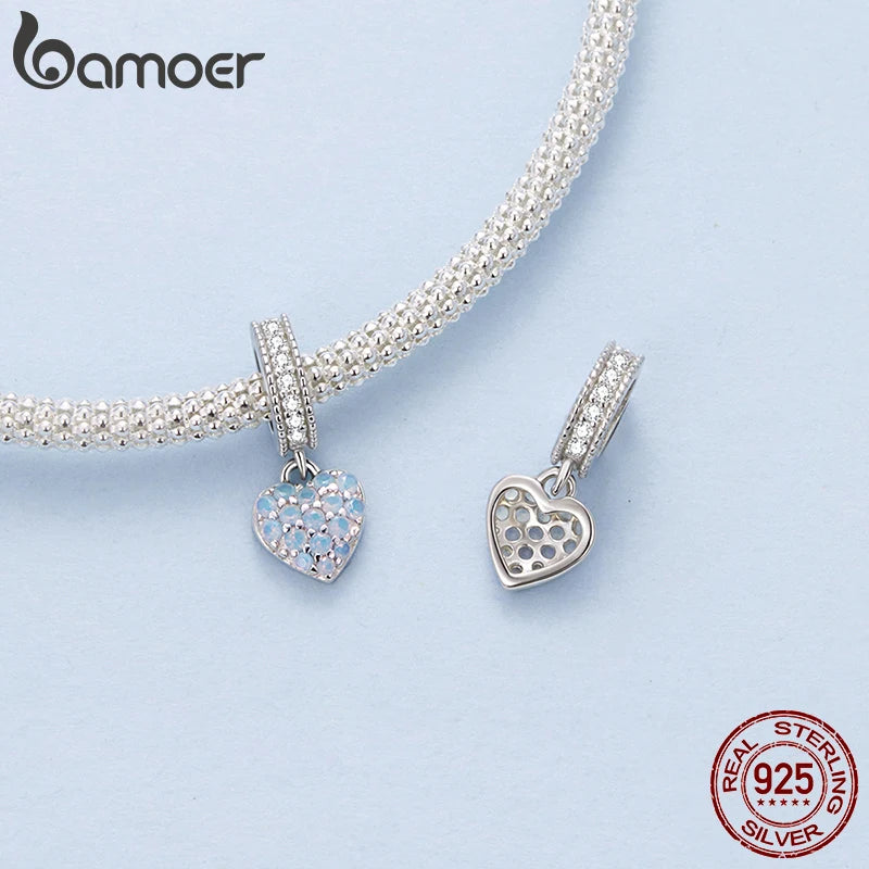 Bamoer 925 стерлингово сребро, изцяло розово-синьо, циркониево сърце, висулка, мини мъниста с четирилистна детелина за жени и момиче, направи си сам, сладък подарък за бижута