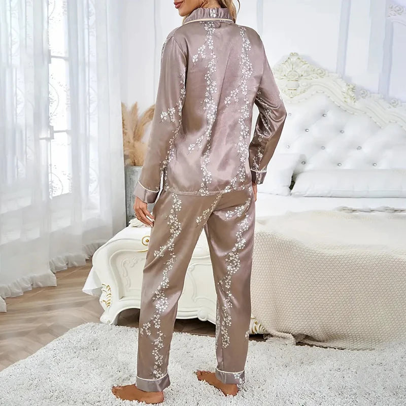Дамски сатенени пижами, ежедневни пижами, домашни дрехи, костюми, есенни, с дълъг ръкав, топ и панталон с копчета, нощно облекло, домашен пижамен костюм, женска пижама