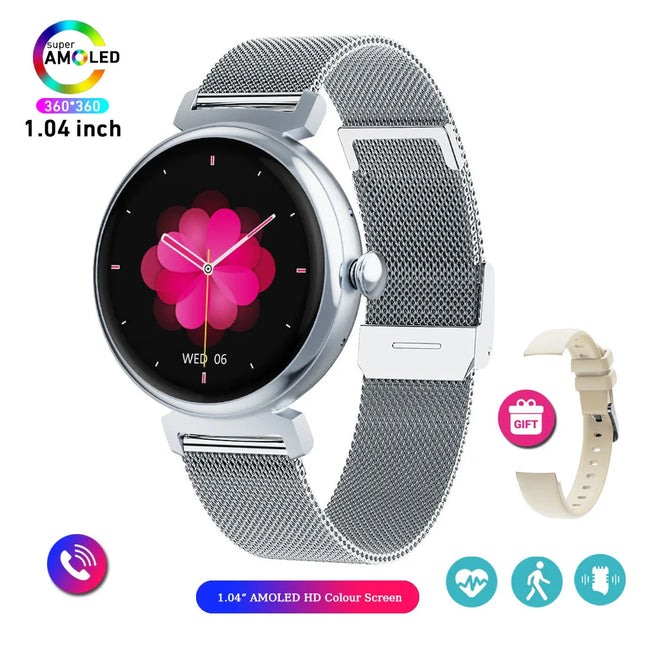 1.04 инчов AMOLED екран, моден дамски смарт часовник, екран, винаги показващ Bluetooth повиквания, смарт часовник с метално тяло, малък екран
