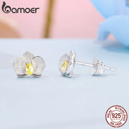 BAMOER Плътни обеци с фаленопсис от сребро 925 за жени, тийнейджъри, хипоалергенни, сладки, изящни обеци с цвете