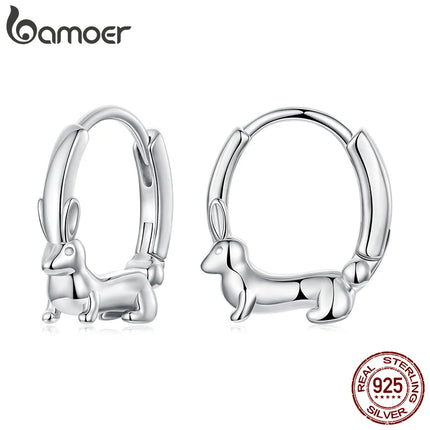 Сребърни обеци BAMOER 925 с животински зайци за жени тийнейджъри, сладки обеци Huggies с патешки хрущял, подарък за детство