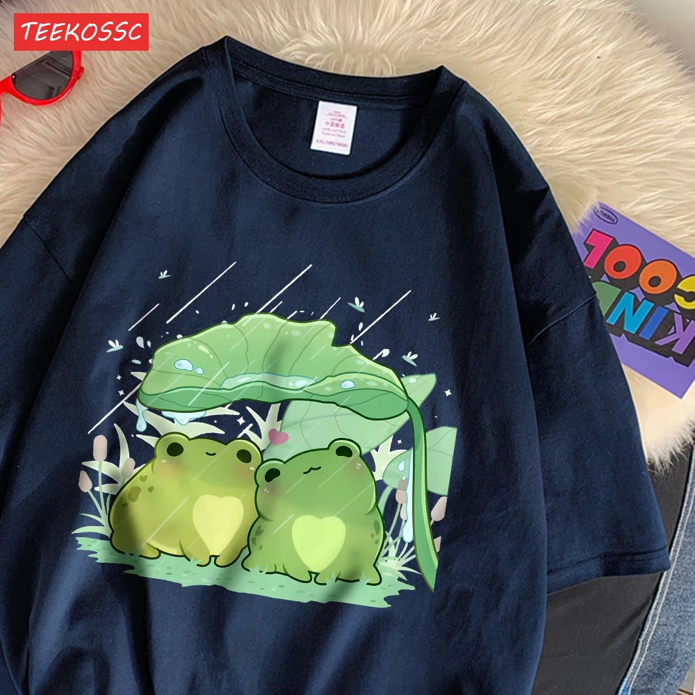 Модни памучни дамски тениски с къс ръкав и принт с две жаби, подслон от дъжда, меки, широки, с О-образно деколте, улични дамски дрехи