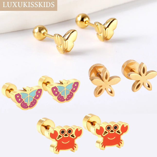 LUXUKISSKIDS Момичешки обеци от неръждаема стомана с череша, малки, семпли, модни, сладки цветни обеци, бижута с пеперуда и панделка