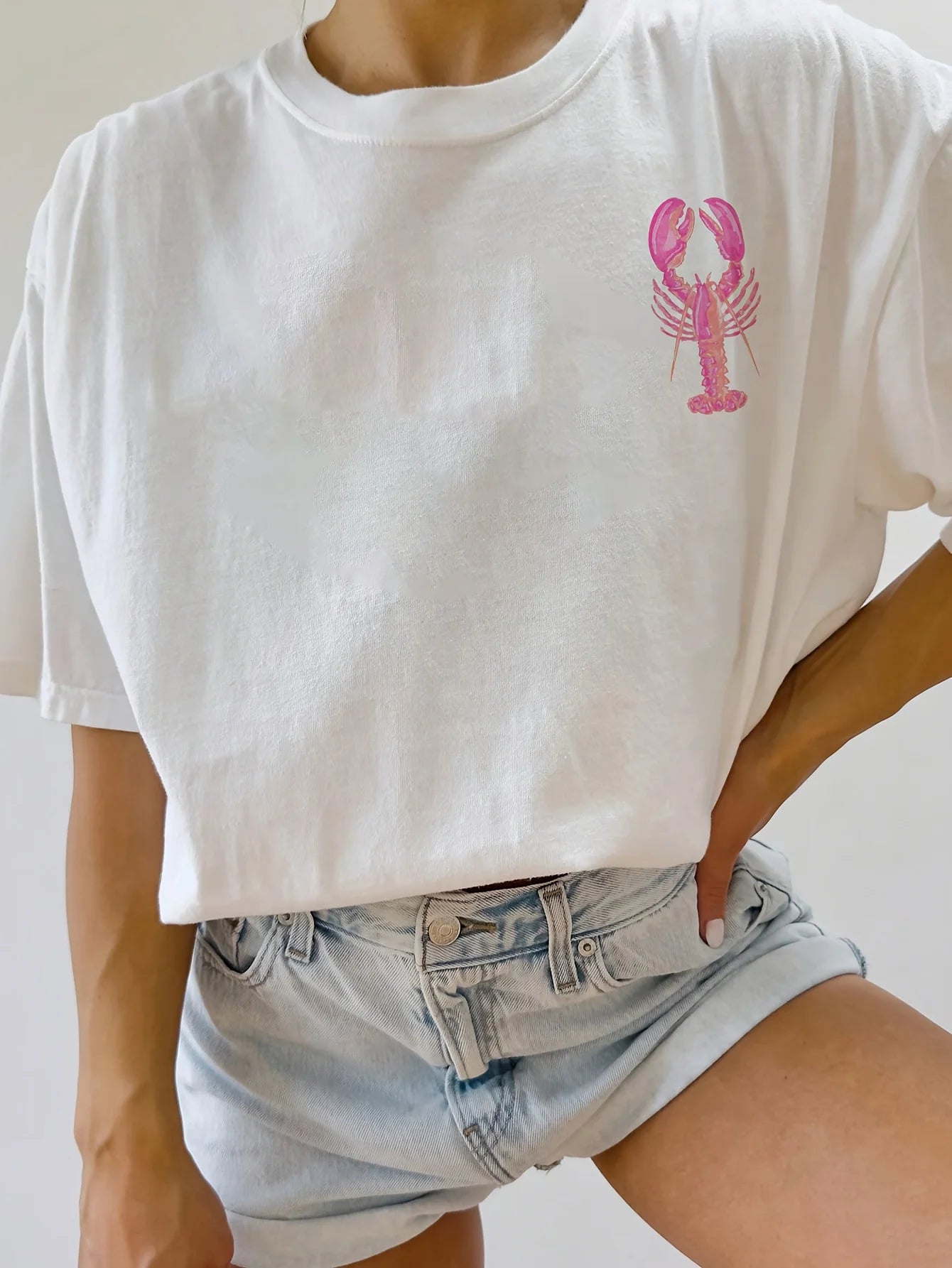 Дамска тениска с къс ръкав с шарка на омар и резен лимон, летен топ, дамско плажно облекло, лятно улично облекло, графични тениски за жени от 2000 г.