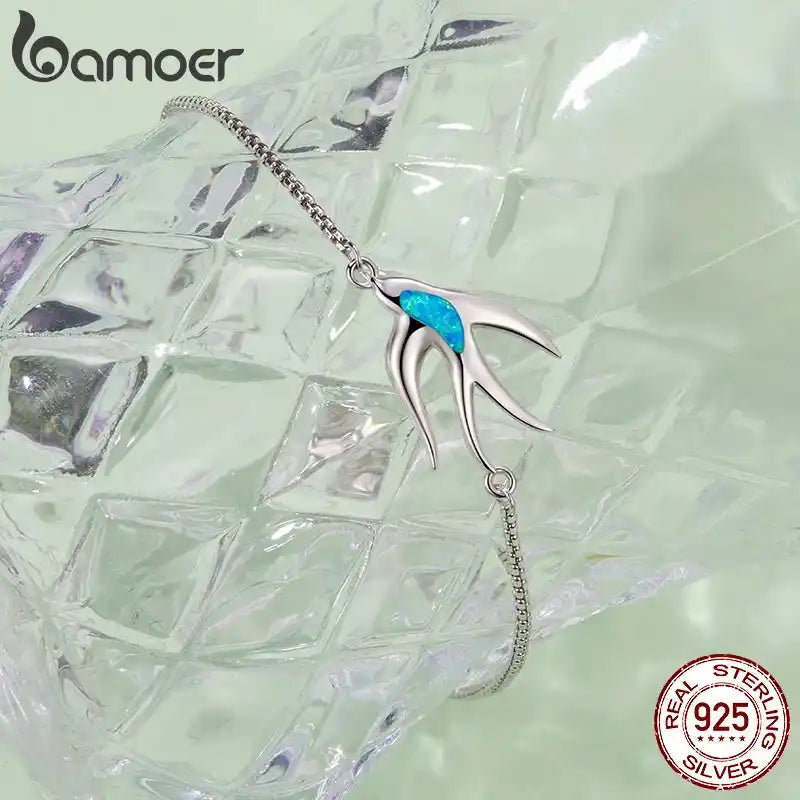 Bamoer 925 стерлингово сребро гривна с лястовици опал птица чар регулируема верижка за жени пролетен подарък за рожден ден декорация за китка