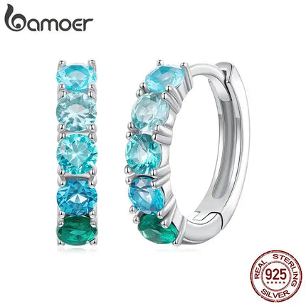 Сребърни обеци BAMOER 925, свеж градиентен зелен цвят, за жени тийнейджърки, прозрачни обеци Huggies с павиран хрущял CZ