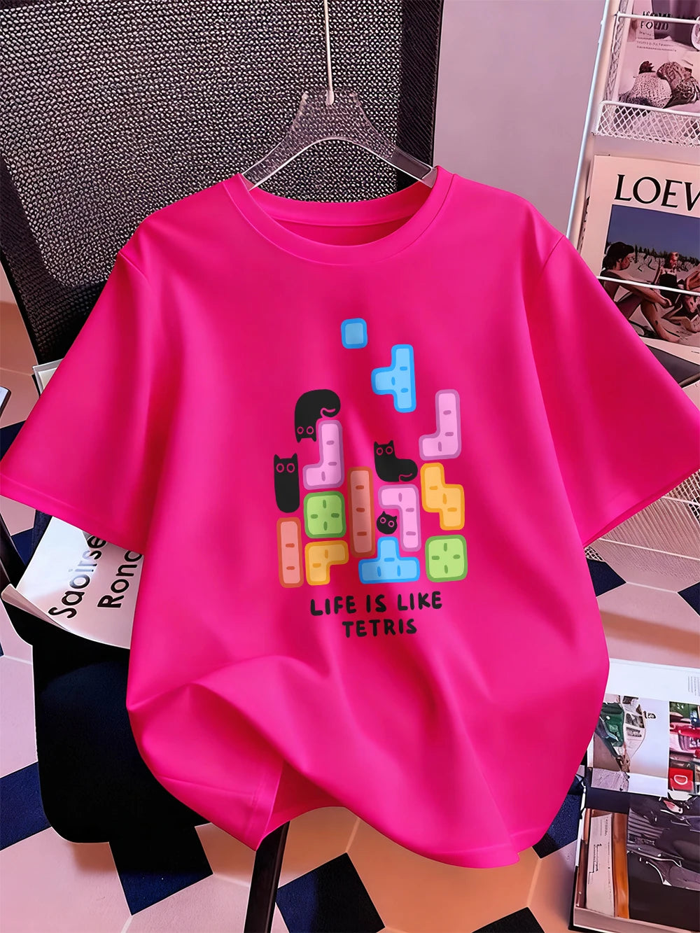 Животът е като тениска с щампа на тетрис, дамска памучна лятна тениска с къс ръкав, широка мека тениска с О-образно деколте, ежедневни дамски дрехи