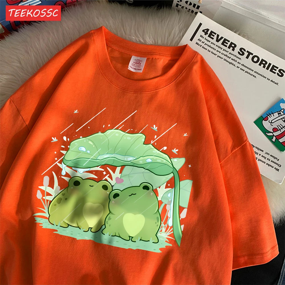 Модни памучни дамски тениски с къс ръкав и принт с две жаби, подслон от дъжда, меки, широки, с О-образно деколте, улични дамски дрехи