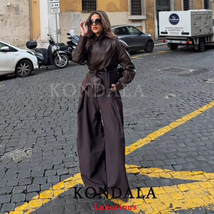 KONDALA Ежедневни шикозни широки панталони за жени, офис дамски джобове, плисирани дълги панталони, модни пролетно-летни панталони 2026