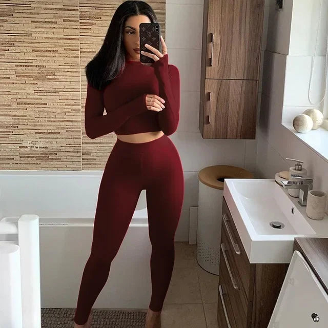 Комплекти от две части за жени, едноцветни есенни анцузи с висока талия, еластични спортни дрехи, горещи къси топове и клинове, съответстващи тоалети