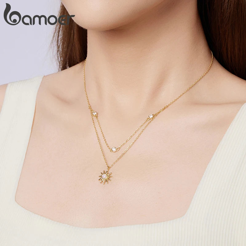 BAMOER Сребърно колие 925 с розов опал слънце, двуслойна верижка с циркони, позлатено с 18-каратово злато, подарък за майка
