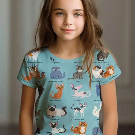 Детски дрехи Детска тениска с къс ръкав за момичета с анимационна котка Kawaii за момичета Летни дрехи Детска тениска Детско облекло