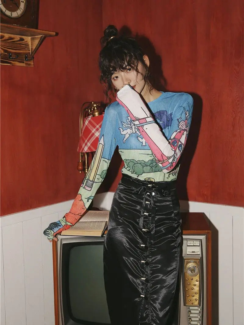 CHEERART Прозрачен мрежест топ с дълъг ръкав, тениска с принтиране, дамски прозрачни тениски с графичен дизайн, основна тениска, бельо, есен/пролет, мода