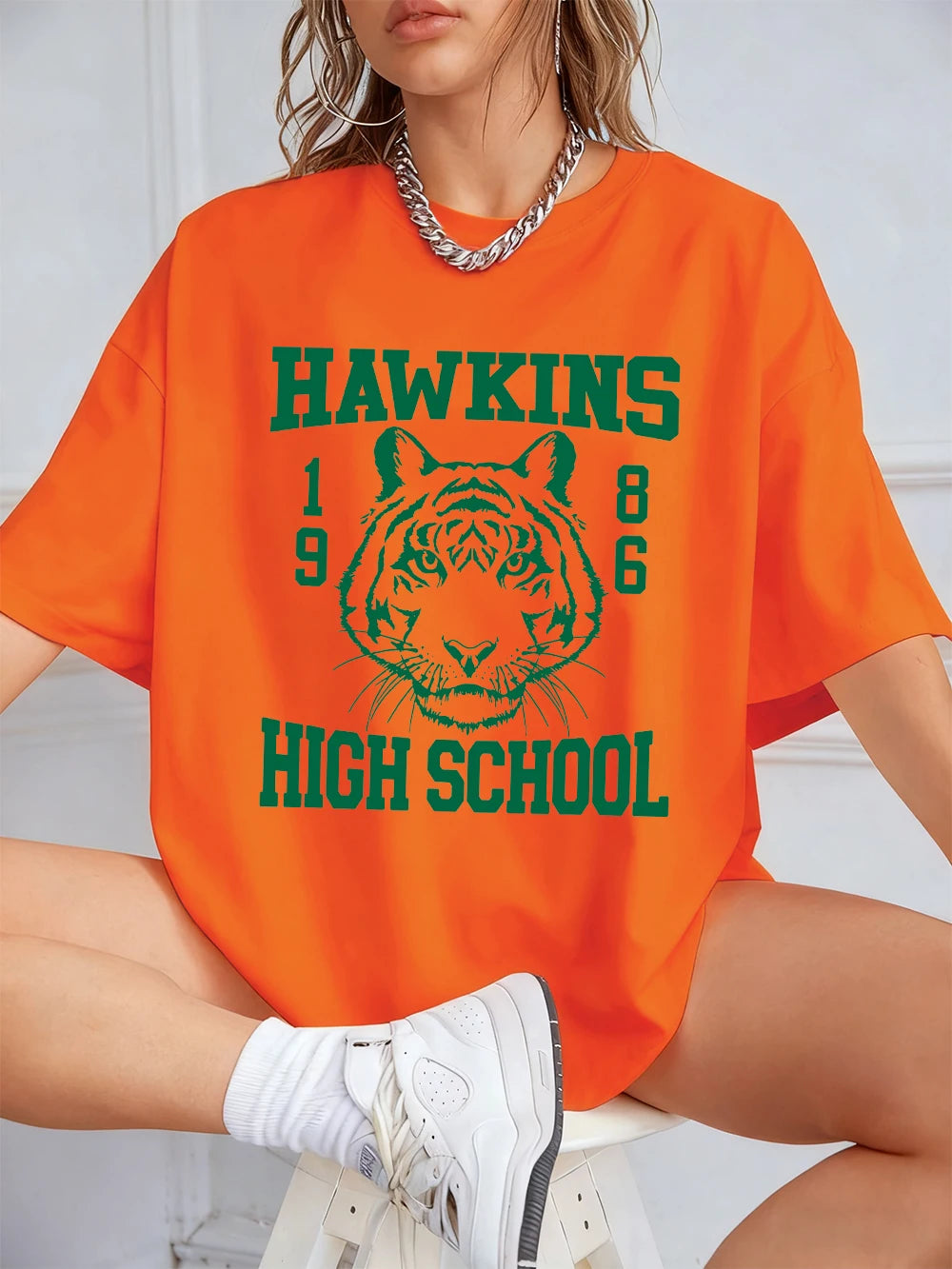 Памучни тениски с щампи на Hawkins за жени, летни топове с къс ръкав, улична тениска с О-образно деколте, големи размери, ежедневни дамски дрехи