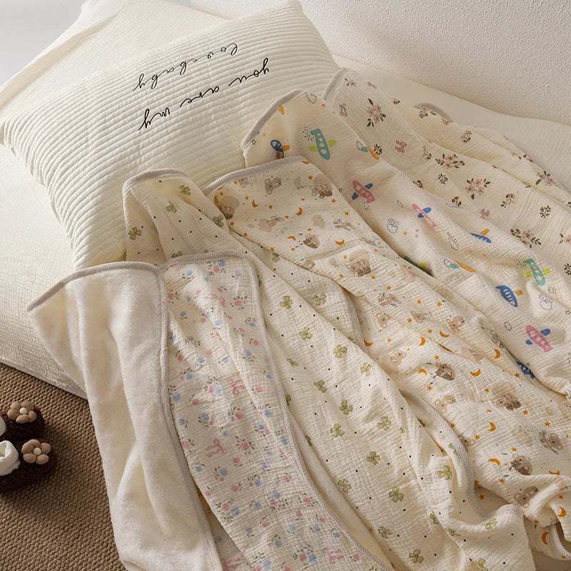 Памучно поларено бебешко одеяло за новородено, двустранно дантелено бебешко одеяло, меко топло зимно повиване за количка, бебешко спално бельо