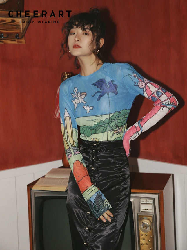 CHEERART Прозрачен мрежест топ с дълъг ръкав, тениска с принтиране, дамски прозрачни тениски с графичен дизайн, основна тениска, бельо, есен/пролет, мода