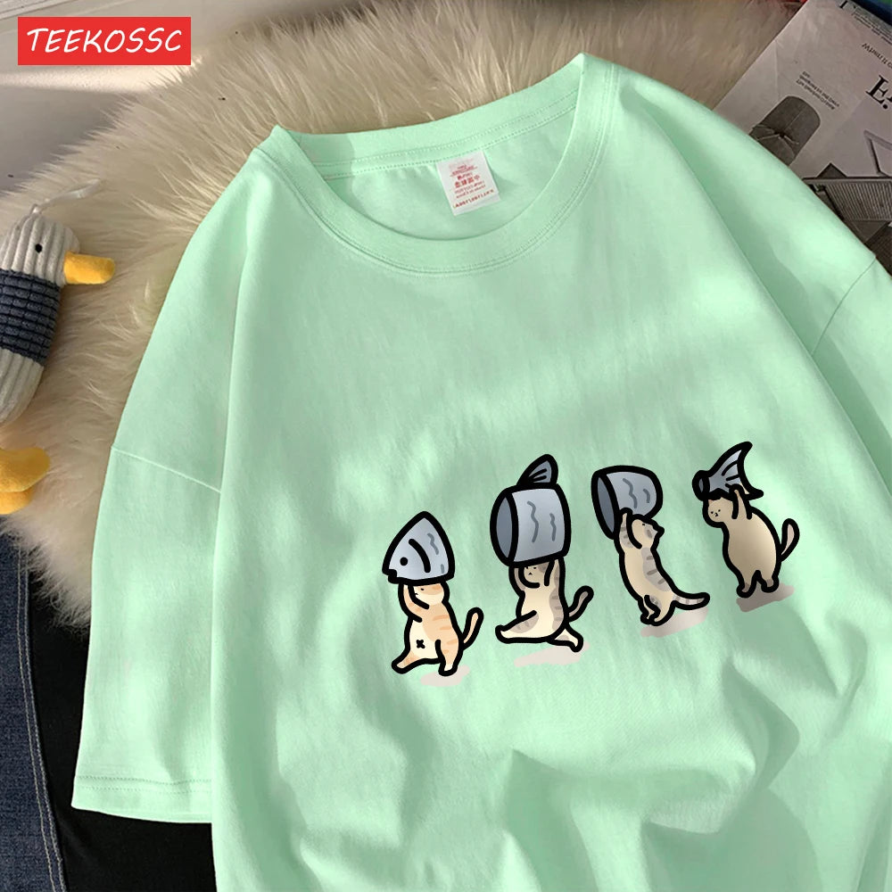 Четири малки котки, държащи рибен памук, дамски тениски с анимационни принтове, меки тениски с О-образно деколте, широки топове с къс ръкав, летни дрехи