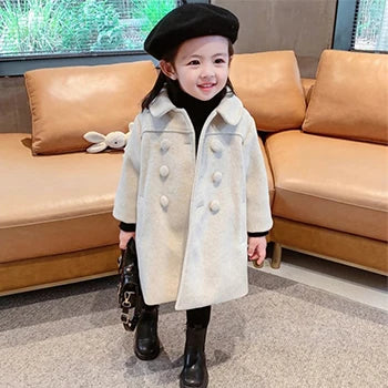 Вълнени палта за момичета за 2 3 4 5 6 7 години, нова корейска версия, дълго детско яке, пролетно-есенно, с двойно закопчаване, детско връхно облекло