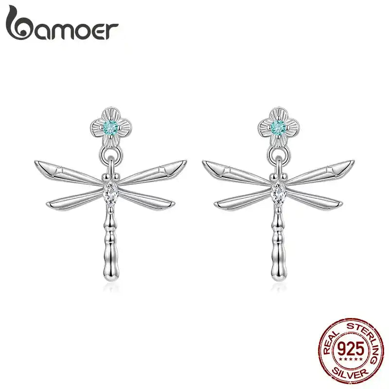 BAMOER Сребърни обеци 925 с форма на зелено водно конче, летни хипоалергенни обеци с капачки за жени и момичета, прекрасен подарък