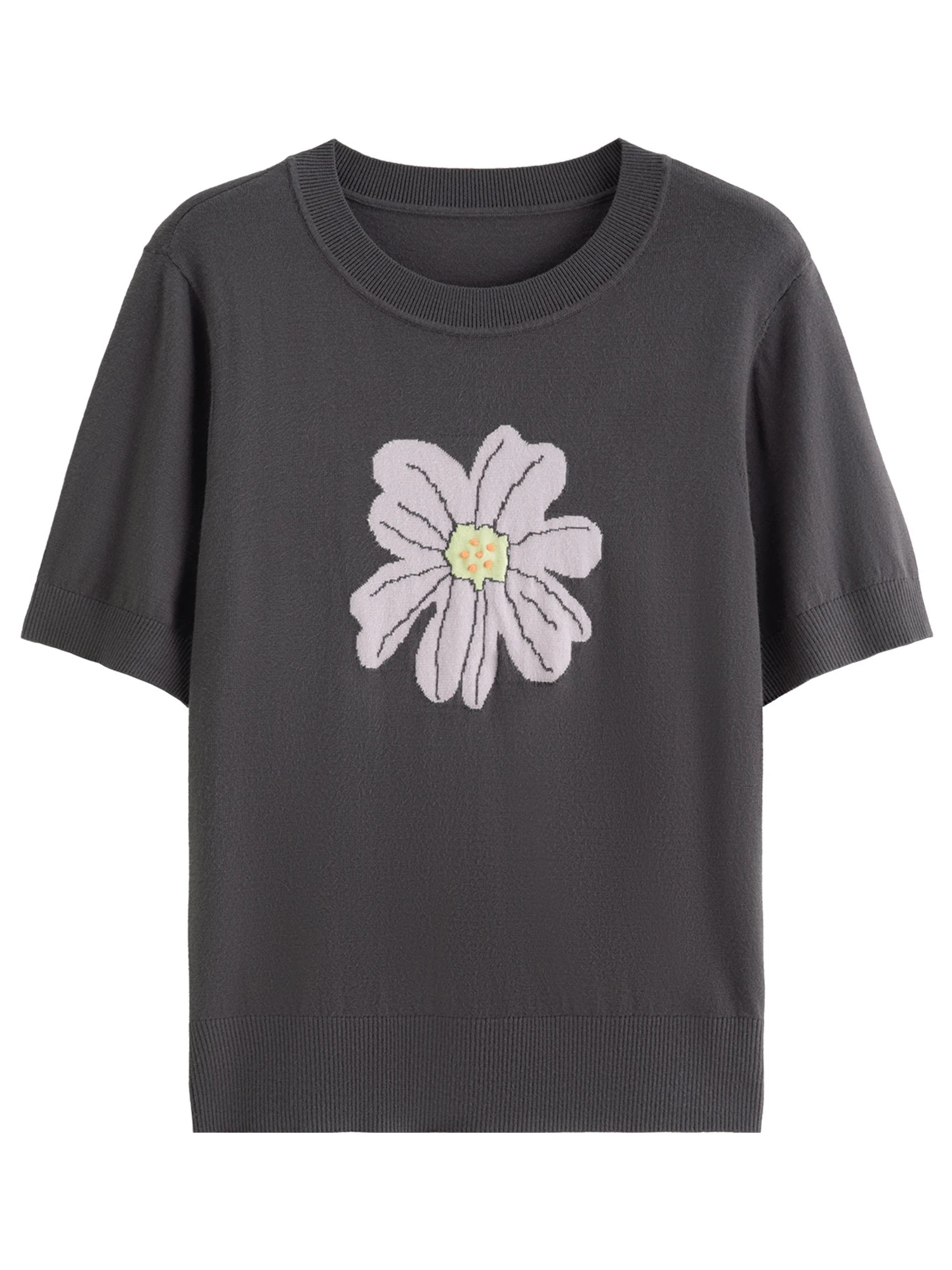 DUSHU Есен 2025 Флорален плетен топ - Ежедневна блуза с къс ръкав, Дамска ежедневна тениска с меки шарки