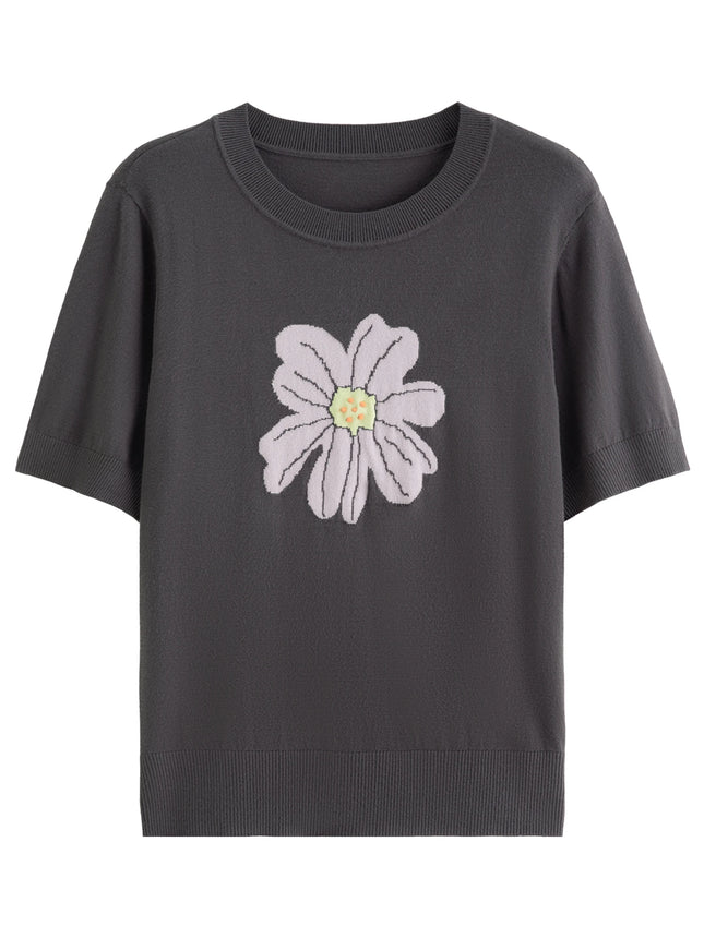 DUSHU Есен 2025 Флорален плетен топ - Ежедневна блуза с къс ръкав, Дамска ежедневна тениска с меки шарки