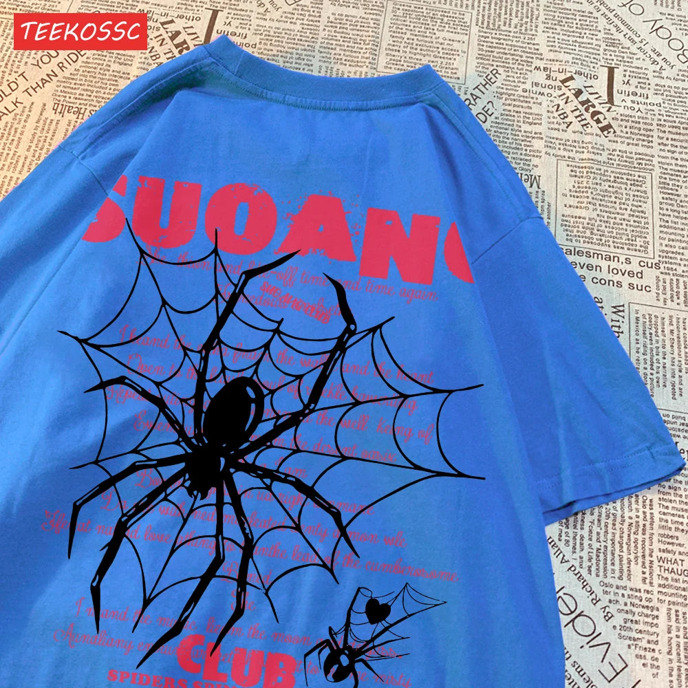 Модни памучни дамски тениски Suo Ang Club Spider Print Tops Oversize O-neck Soft Short Sleeve Summer Casual Damske Dress