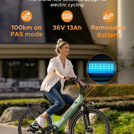 MileCity 1 26" електрически велосипед за пътуване до работа, пробег 120 км, 250 W, батерия 36 V 13 Ah, скорост 25 км/ч, 7 предавки, дискови спирачки