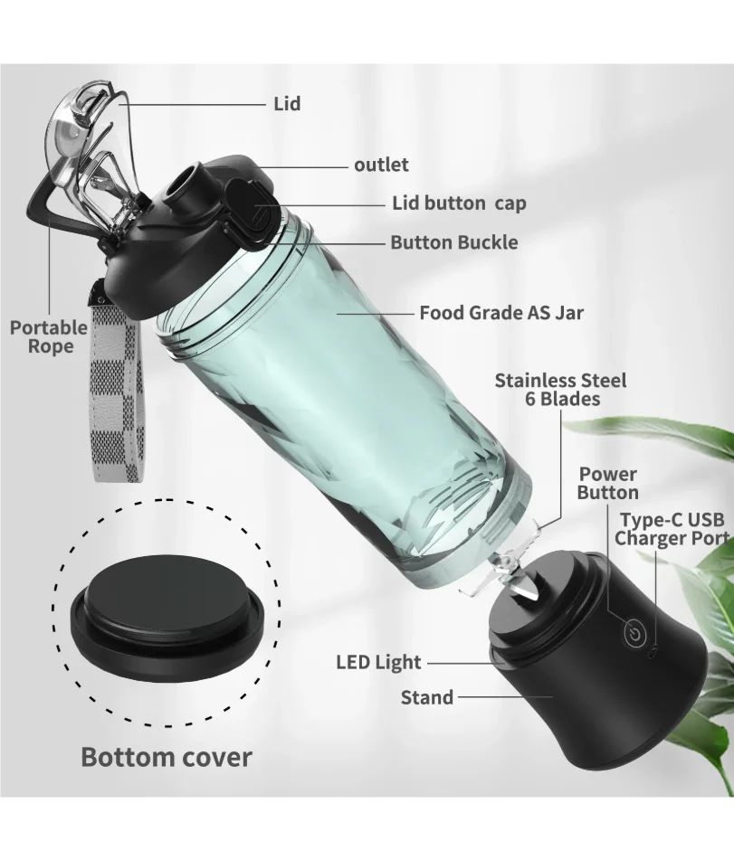 Преносим блендер, електрическа сокоизстисквачка, 600 мл, миксер за плодове, 4000 mAh, USB презареждаща се, мини блендер, многофункционална сокоизстисквачка