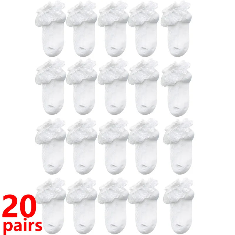 10/20 чифта/партия Детски чорапи за момичета, дантелени, с волани, принцеса, мрежести, детски къси, дишащи, памучни, бели, розови, за малки деца