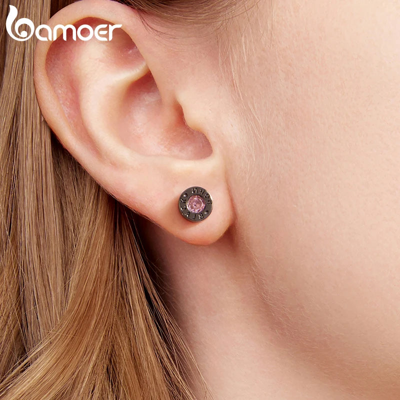 BAMOER Сребърни обеци 925, кръгли, черни, с розов циркон, хипоалергенни, за жени и момичета, пънк парти подарък