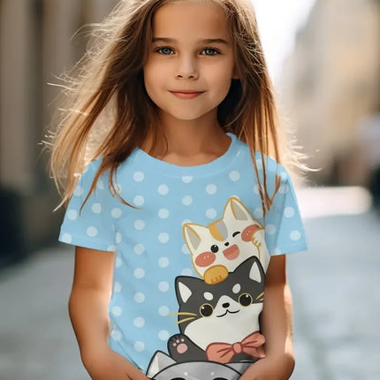 Детски дрехи Детска тениска с къс ръкав за момичета с анимационна котка Kawaii за момичета Летни дрехи Детска тениска Детско облекло
