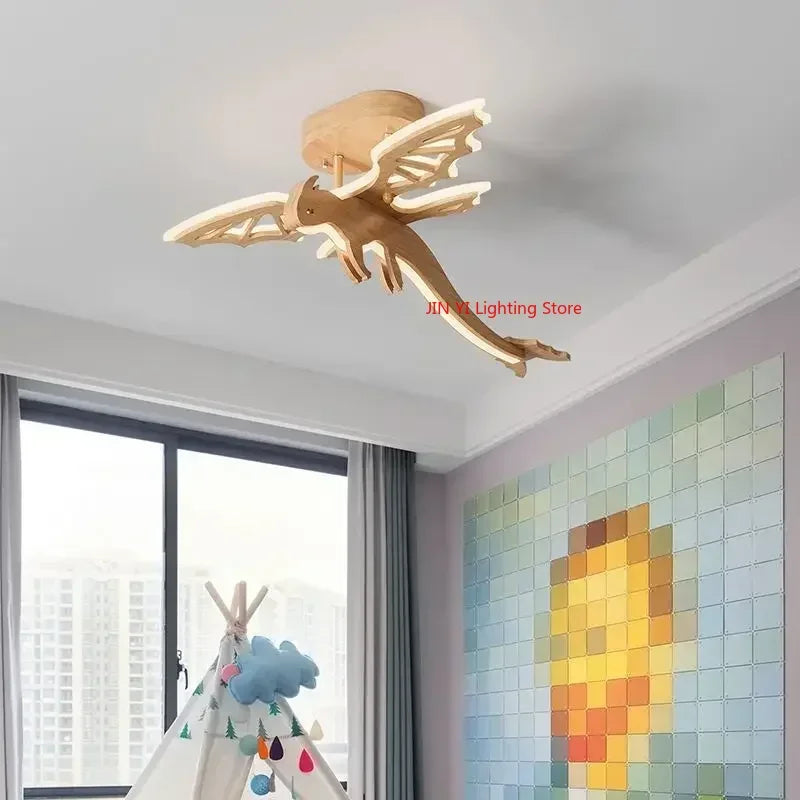 LED таванна лампа с динозавър от масивно дърво, детска стая, спалня за момче, креативна модерна анимационна декоративна лампа, летящ дракон