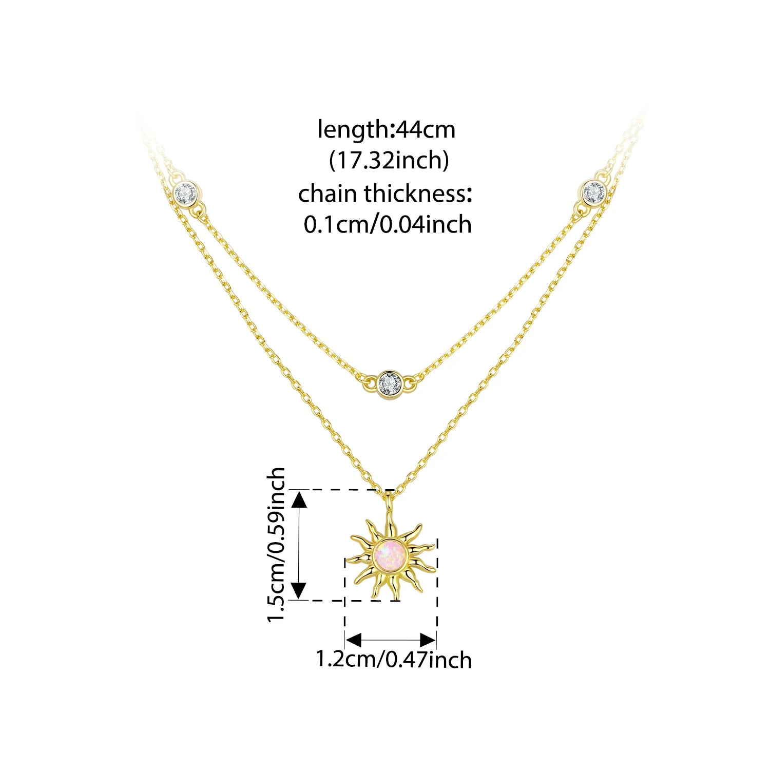 BAMOER Сребърно колие 925 с розов опал слънце, двуслойна верижка с циркони, позлатено с 18-каратово злато, подарък за майка