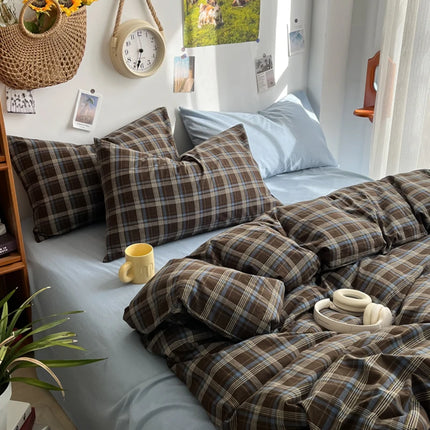 Комплект спално бельо MissDeer Ins Ambiance Blue Coffee Grid, смесен с пран памук, минималистичен комплект от четири части, с прилепнали чаршафи, калъф за завивка