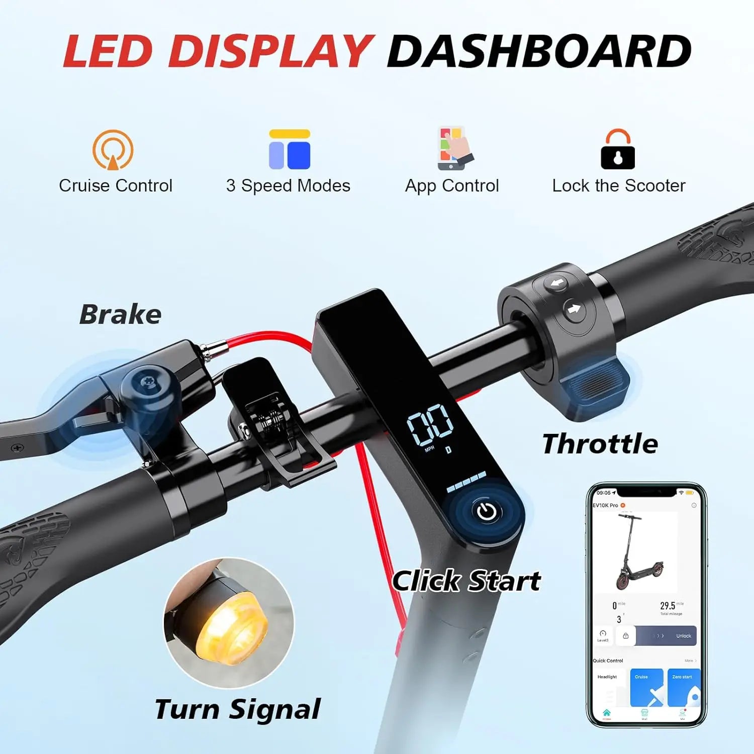 Електрическа тротинетка EVERCROSS TECH EV10K Pro за възрастни, 10 инча, сгъваема, управление чрез приложение, 500W мотор, батерия 410WH