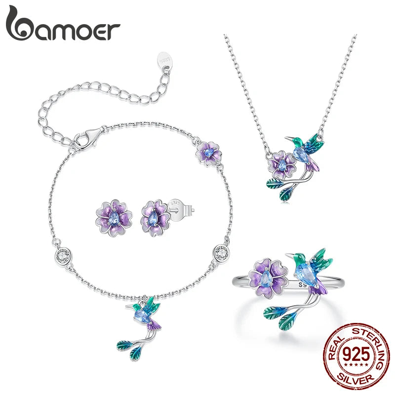 Комплект бижута Bamoer от стерлингово сребро 925 с живи цветя, лилави флорални обеци за жени, ярък пролетен парти подарък