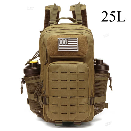 25L/50L Тактическа раница, ловна MOLLE раница, фитнес зала за мъже, EDC раница за туризъм на открито, вещица с 2 държача за бутилки