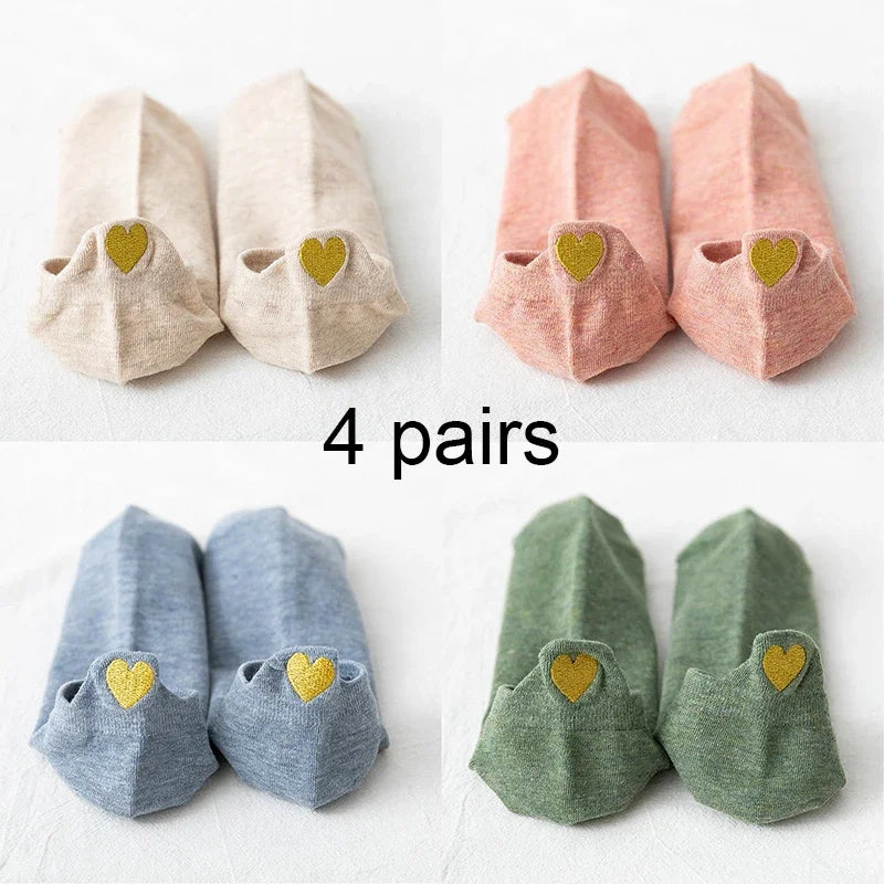 Модни дамски чорапи, нови пролетни 2024 г., 4 чифта до глезена за момичета, памучни, цветни, новост, дамски, сладки, със сърце, ежедневни, забавни чорапи