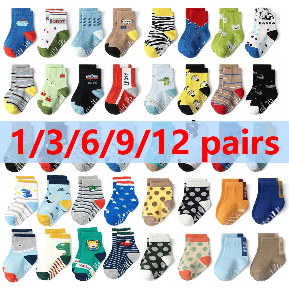 1/3/6/9/12 чифта детски чорапи за бебета момчета, памучни, неплъзгащи се, сладки, с анимационни шарки, дишащи, бебешки чорапи за батут
