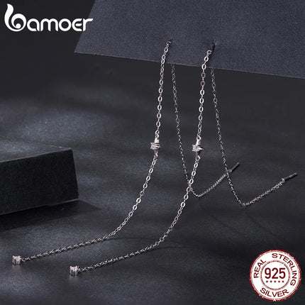 Висящи обеци Bamoer Moissanite с дълга верижка, двоен пиърсинг с конвертируеми обеци от стерлингово сребро 925