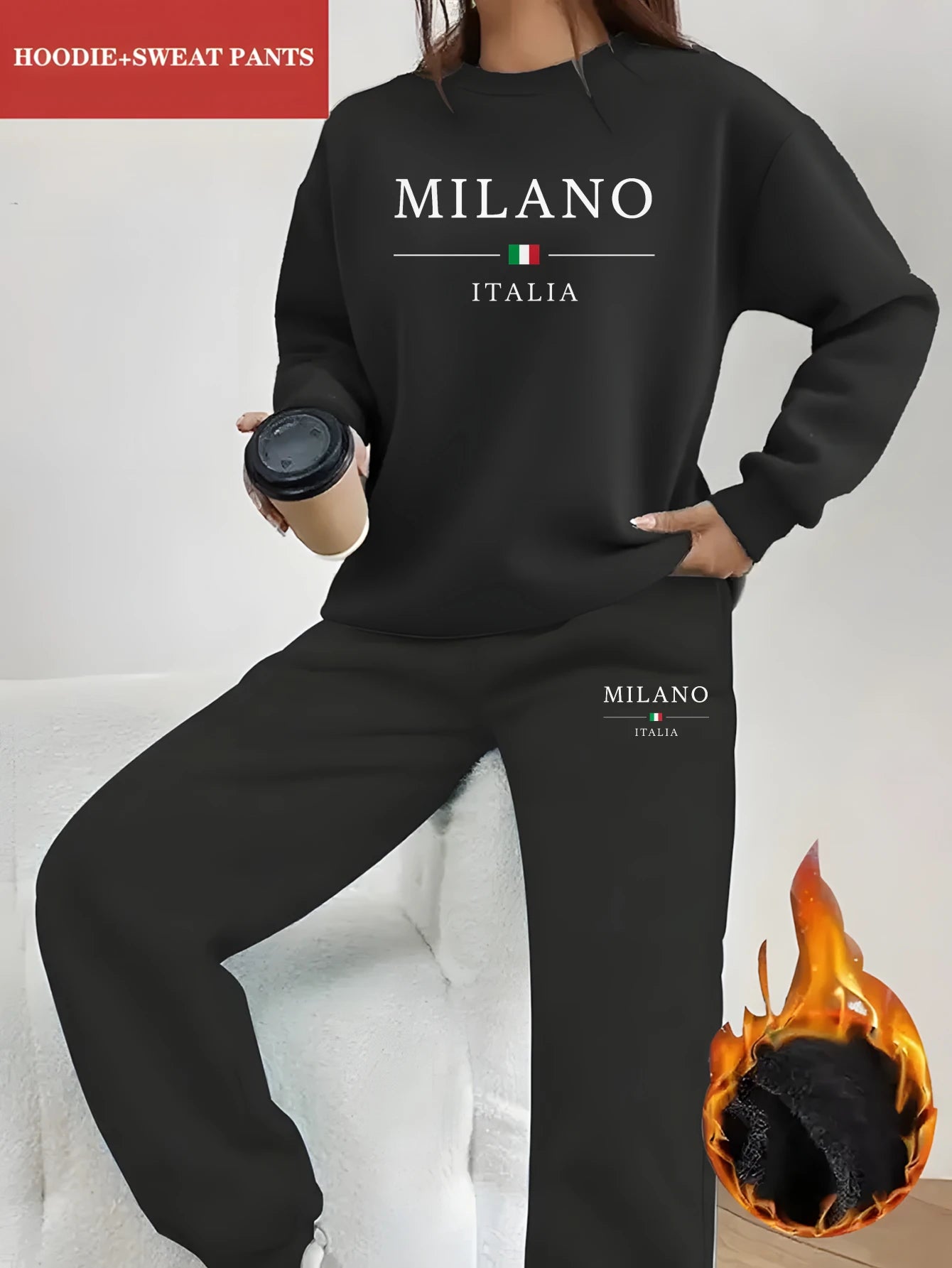 Дамски есенно-зимен комплект от суитшърт с качулка и спортни панталони с щампа и плюш MILANO ITALIA, ежедневен и топъл
