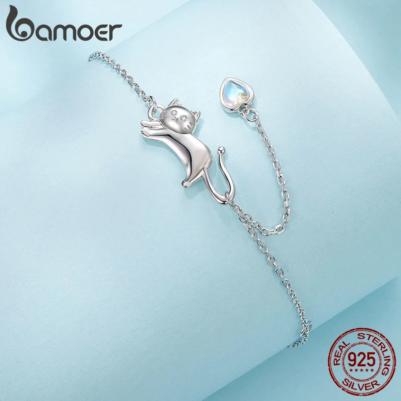 Bamoer 925 стерлингово сребро сладка котка гривна за домашни любимци регулируема верижка с мъниста от лунен камък за жени тийнейджъри семеен подарък