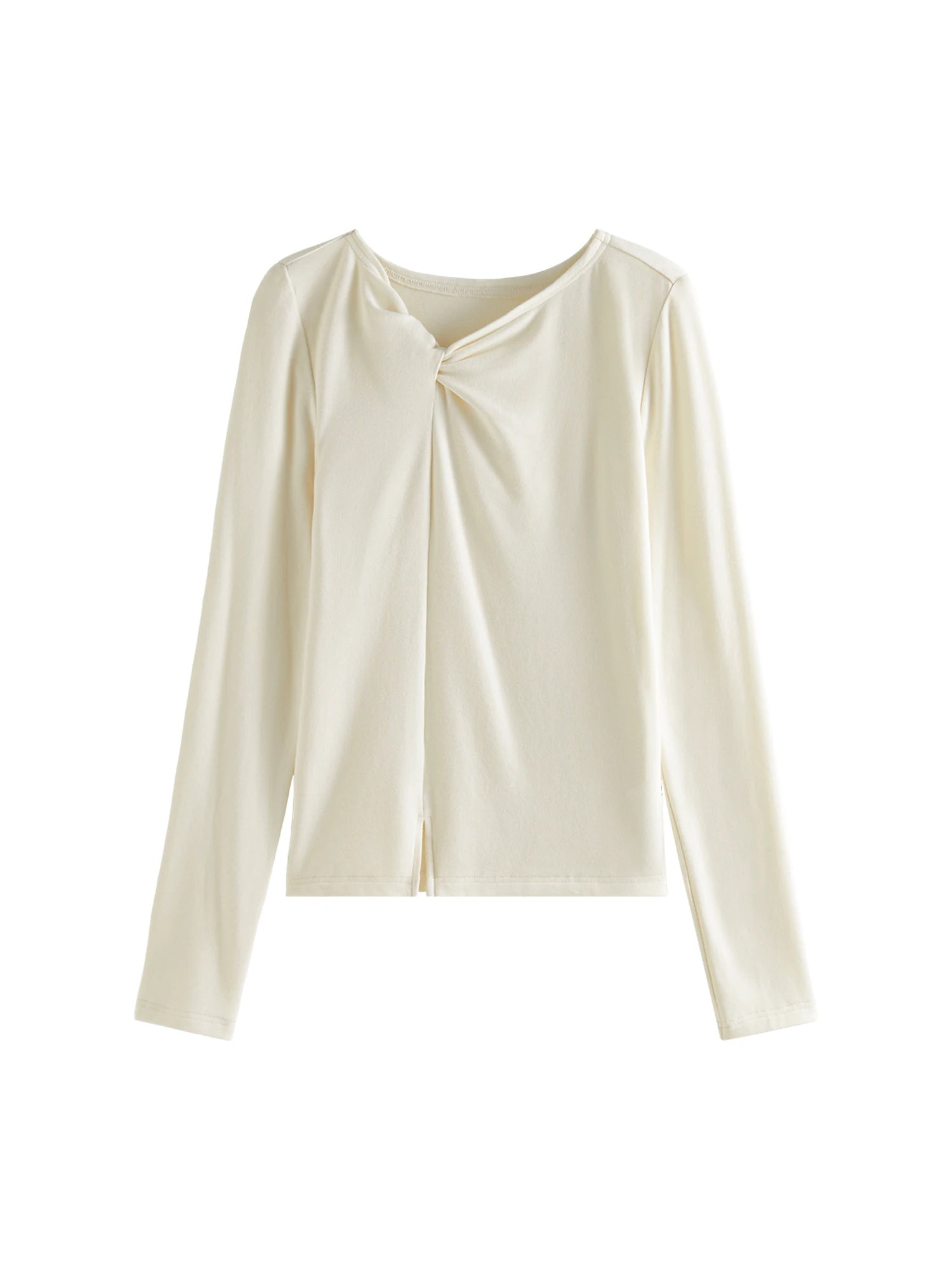 FSLE Дамски бежов памучен топ с дълъг ръкав 2025 Пролетен дамски черен пуловер с неправилна яка, дамска тениска