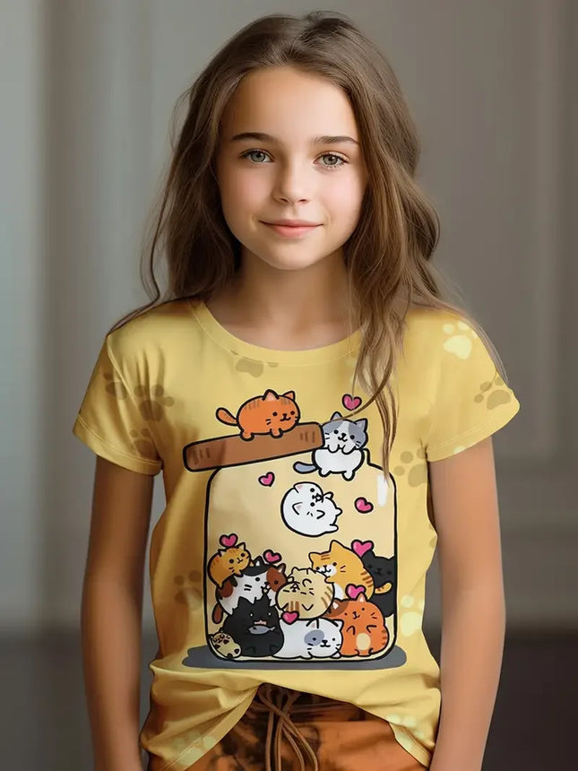 Детски дрехи Детска тениска с къс ръкав за момичета с анимационна котка Kawaii за момичета Летни дрехи Детска тениска Детско облекло